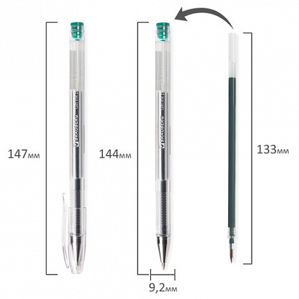 Ручка гелевая BRAUBERG "Jet", ЗЕЛЕНАЯ, корпус прозрачный, узел 0,5 мм, линия письма 0,35 мм, 141021