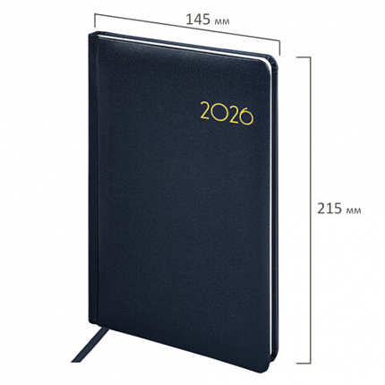 Еженедельник датированный 2026, А5, 145х215 мм, BRAUBERG "Select", балакрон, темно-синий, 117181