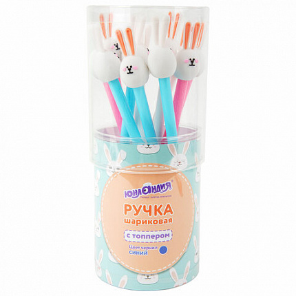 Ручка с топпером шариковая ЮНЛАНДИЯ "Ушастый зайка", корпус ассорти, СИНЯЯ, пишущий узел 0,7 мм, 143782