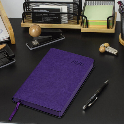 Ежедневник датированный 2026 А5 138x213 мм, BRAUBERG "Stylish", под кожу, гибкий, фиолетовый, 117100