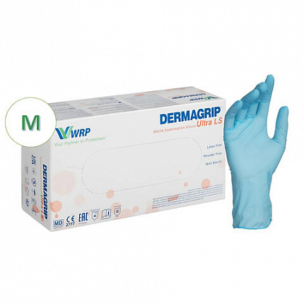 Перчатки нитриловые смотровые, 100 пар (200 штук), повышенная чувствительность, размер 7-8, M (средний), DERMAGRIP Ultra, D1102-27