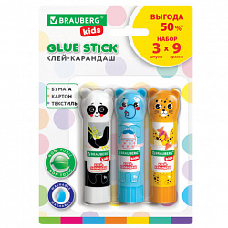 Клей-карандаш "Зверята: панда, слон, леопард" 9 г, фигурный колпачок, 3 шт./блистер, BRAUBERG KIDS, 272473