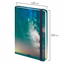 Ежедневник датированный 2026 с резинкой 145х203 мм, А5, BRAUBERG твердый, фольга, "Млечный путь", 117345
