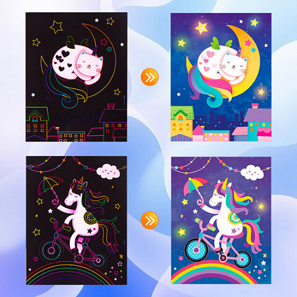 Гравюра магическая "Единорог и котенок", А5, 2 основы в комплекте, с трафаретом, ЮНЛАНДИЯ, 662688