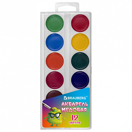 Краски акварельные BRAUBERG "МОНСТРИКИ", медовые, 12 цветов, круглые кюветы, 192641
