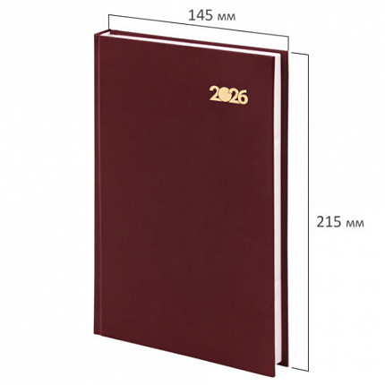 Ежедневник датированный 2026 145х215 мм, А5, STAFF, обложка бумвинил, бордовый, 117306