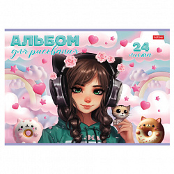Альбом для рисования А4 24 л., скоба, обложка картон, HATBER, 205х290 мм, "Девочка-кошка", 085145, 24А4В