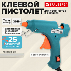 Клеевой пистолет 30 Вт, 7 мм (предохранитель, антикапля, индикатор), 25 стержней, BRAUBERG, 671466