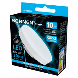 Лампа светодиодная SONNEN EXTRA, 10 (90) Вт, GX53, таблетка, холодный белый, 30000 ч, LED 10W-6500-GX53, 457932