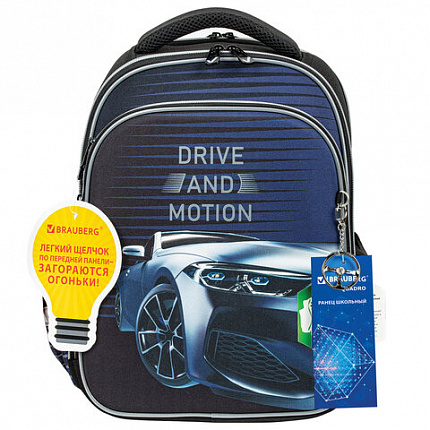 Ранец BRAUBERG QUADRO, 3 отделения, с брелоком, "Sport car", LED-ЛАМПОЧКИ, 37х28х18 см, 271359