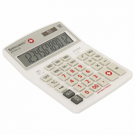 Калькулятор настольный BRAUBERG EXTRA-12-WAB (206x155 мм),12 разрядов, двойное питание, антибактериальное покрытие, БЕЛЫЙ, 250490