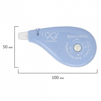 Корректирующая лента BRAUBERG PASTEL 5 мм х 12 м, вращающийся наконечник 90°, механизм перемотки, корпус голубой, блистер, 272488