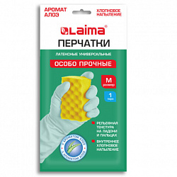 Перчатки МНОГОРАЗОВЫЕ латексные LAIMA, С АРОМАТОМ АЛОЭ, зеленые, хлопчатобумажное напыление, размер M (средний), вес 50 г, 700545