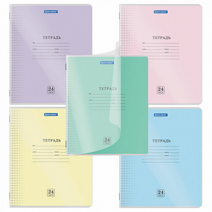 Тетрадь обложка пластик (прозрачный) 24 л., клетка, BRAUBERG "Smart Cover", АССОРТИ (в спайке), 405036