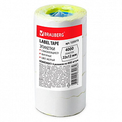 Этикет-лента 22х12 мм, волна, желтая, комплект 5 рулонов по 800 шт., BRAUBERG, 123573