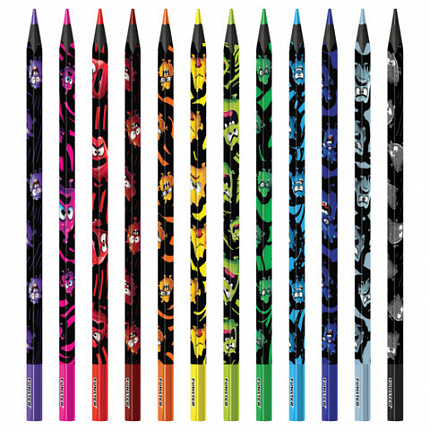 Карандаши цветные FUNSTER (ФАНСТЕР) МОНСТРИКИ, 12 цветов, черный корпус с принтом, трехгранные, 182065