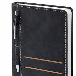 Ежедневник недатированный А5 138х213 мм, BRAUBERG "Slot", под кожу, держатель для ручки, 160 листов, черный, 116605