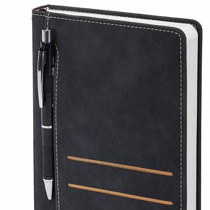 Ежедневник недатированный А5 138х213 мм, BRAUBERG "Slot", под кожу, держатель для ручки, 160 листов, черный, 116605