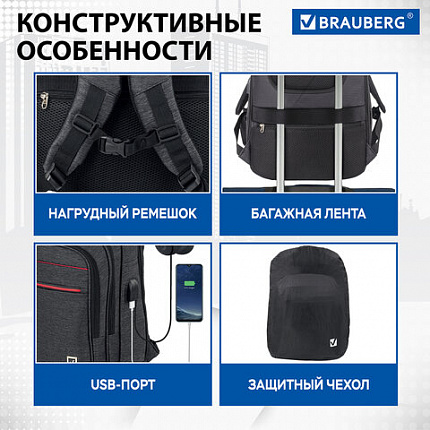Рюкзак BRAUBERG FUNCTIONAL с отделением для ноутбука, 3 отделения, USB-порт, "Progress", 48х14х34 см, 229873