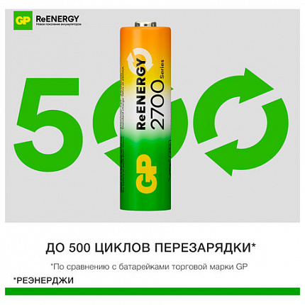 Батарейки аккумуляторные GP ReEnergy Ni-Mh пальчиковые КОМПЛЕКТ 4 шт., АА (HR6), 2600mAh, 270AAHCRGY, 270AAHCRGY-2CRC