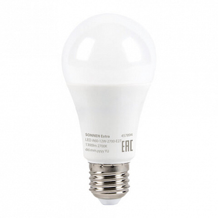 Лампа светодиодная SONNEN EXTRA, 12 (100) Вт, Е27, груша, теплый белый, 30000 ч, LED A60-12W-2700-Е27, 457894