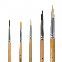 Кисти ПИФАГОР, набор 5 шт. (ПОНИ: круглые № 1, 4; КОЗА: круглые № 3, 6; ЩЕТИНА: плоская № 4), пакет с европодвесом, 200892