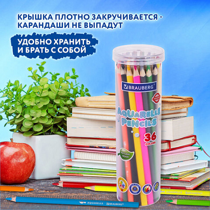 Карандаши цветные акварельные BRAUBERG PREMIUM AQUARELLE 36 цветов в тубе, трёхгранные, мягкие, 181933