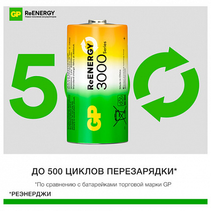 Батарейки аккумуляторные GP ReEnergy Ni-Mh КОМПЛЕКТ 2 шт., С (HR14), 3000 mAh, 300CHCRGY-2CRCB2