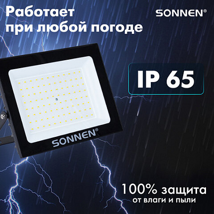 Прожектор светодиодный 100 Вт, 6500 К, 8000 Лм, 100 м2, IP65, 250x178x27 мм, черный, SONNEN, 238415