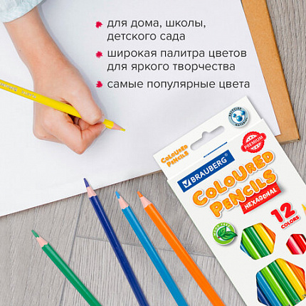 Карандаши цветные BRAUBERG PREMIUM, 12 цветов, пластиковые, шестигранные, грифель мягкий 3 мм, 181666