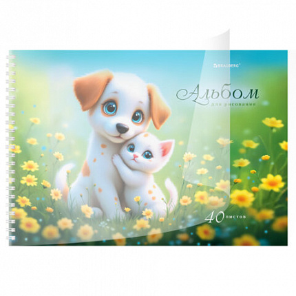 Альбом для рисования, пластиковая обложка, А4 40 л., гребень, BRAUBERG, 210х297мм, АССОРТИ-2 (8 видов), 107683