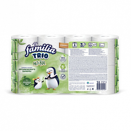 Бумага туалетная быт., спайка 8 шт., 3-слойная (8х16,7 м), FAMILIA TRIO Natural, бела, 5080971