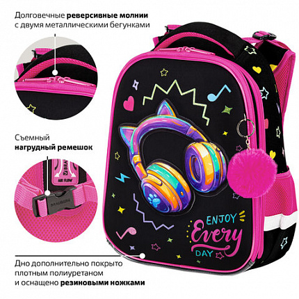 Ранец BRAUBERG PREMIUM, 2 отделения, с брелоком, "Headphones", велюровая нашивка, 38х29х16 см, 273100