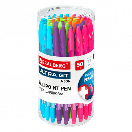 Ручка шариковая с грипом BRAUBERG "ULTRA GT NEON", СИНЯЯ, узел 0,7 мм, чернила ГЕРМАНИЯ, наконечник ШВЕЙЦАРИЯ, 144054