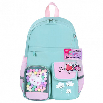 Рюкзак BRAUBERG PASTEL с термонашивками в комплекте, "Funny clouds", мятный, 40х29х14 см, 271421