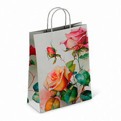 Крафт-пакет бумажный "Розы" 22х12х25 см, с кручеными ручками, плотность 100 г/м2, белый, 114164