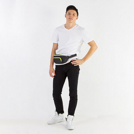 Сумка на пояс BRAUBERG RIO, карман, регулируемый ремень, черная, салатовые детали, 30х12x10 см, 270823