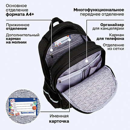 Рюкзак BRAUBERG SOFT, 2 отделения, 3 кармана, "Осколки", СВЕТЯЩИЙСЯ, 40х31х15 см, 274402