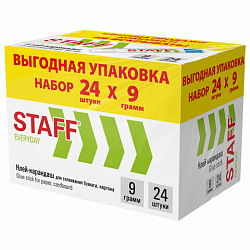 Клей-карандаш 9 г, ВЫГОДНАЯ УПАКОВКА, КОМПЛЕКТ 24 ШТУКИ, STAFF EVERYDAY, 273016