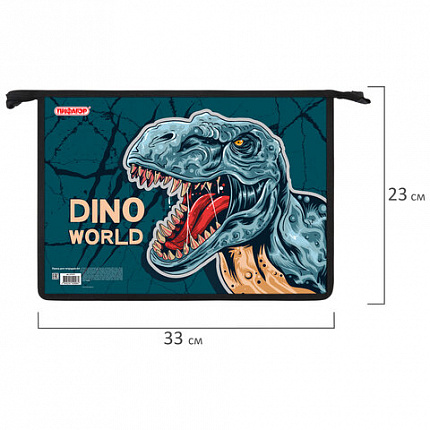 Папка для тетрадей ПИФАГОР А4, 1 отделение, картон/пластик, на молнии, "Dino world", 272131