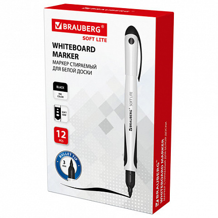 Маркер стираемый для белой доски ЧЕРНЫЙ, BRAUBERG "SOFT LITE", 3 мм, резиновая вставка, 152103