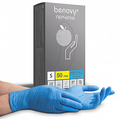 Перчатки нитриловые смотровые 50 пар (100 штук), размер 6-7, S (малый), голубые BENOVY Nitrile Chlorinated