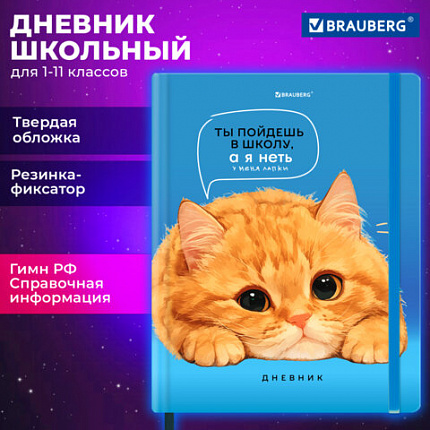 Дневник 1-11 класс 48 л., твердый, BRAUBERG, матовая ламинация, резинка, закладка-ляссе, с подсказом, "Котик", 107239