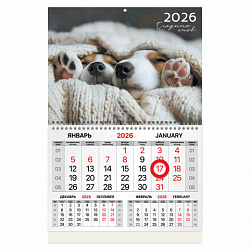 Календарь квартальный 2026 г., 1 блок, 1 гребень, магнитный курсор, мелованная бумага, BRAUBERG, "Носики", 116922