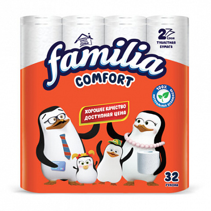 Бумага туалетная быт., спайка 32 шт., 2-слойная (32х14,8 м), FAMILIA COMFORT, белая,, 5085067