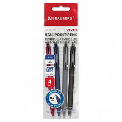 Ручки шариковые автоматические BRAUBERG "VIVID", СИНИЕ, НАБОР 4 ШТУКИ, soft-touch, пишущий узел 0,7 мм, линия письма 0,35 мм, 144409