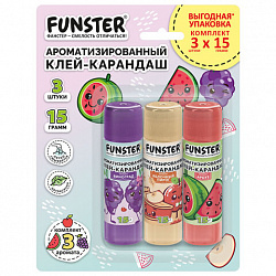 Клей-карандаш ароматизированный FUNSTER (ФАНСТЕР) (яблоко, арбуз, виноград), 15 г, ВЫГОДНАЯ УПАКОВКА, 3 штуки на блистере, 274270