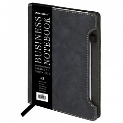 Блокнот А5 165x218 мм, BRAUBERG "Perfect", под кожу софт-тач, держатель для ручки, 80 листов, клетка, черный, 116614