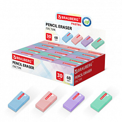 Ластик BRAUBERG "PASTEL MATTE", 50х24х10 мм, прямоугольный, картонный держатель, экологичный ПВХ, ассорти, 272729