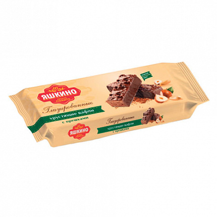 Вафли ЯШКИНО "Глазированные с орешками" с начинкой из какао и дробленого фундука, 200 г, ЯВ218